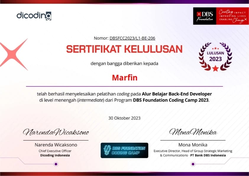 Back-End Developer level menengah (intermediate)